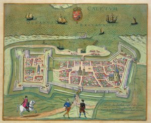 Mapa Calais z knihy "Civitates Orbis Terrarum" od Georga Brauna (1541-1622) a Franse Hogenberga (1535-90), 1597 (barevná rytina)
