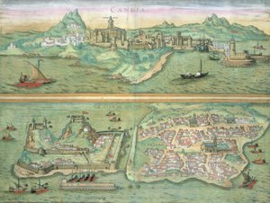 Mapa Candie a Korfu, z „Civitates Orbis Terrarum“ od Georga Brauna (1541-1622) a Franse Hogenberga (1535-90), kolem 1572