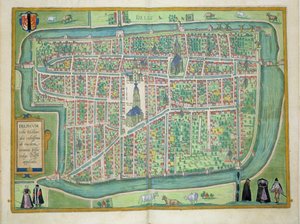 Mapa Delftu z knihy "Civitates Orbis Terrarum" od Georga Brauna (1541-1622) a Franse Hogenberga (1535-90), asi 1572-1617.
