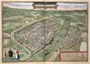 Mapa Frankfurtu, z „Civitates Orbis Terrarum“ od Georga Brauna (1541-1622) a Franse Hogenberga (1535-90), kolem 1572 (barevná rytina)