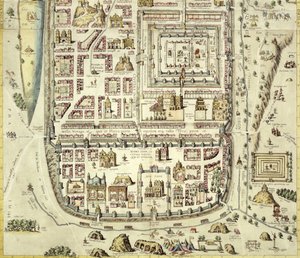 Mapa Jeruzaléma a okolí, z „Civitates Orbis Terrarum“ od Georga Brauma (1541-1622) a Franse Hogenberga (1535-90) kolem 1572-1617 (viz 138905)