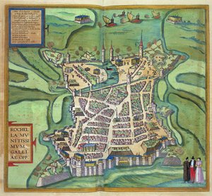 Mapa La Rochelle, z „Civitates Orbis Terrarum“ od Georga Brauna (1541-1622) a Franse Hogenberga, kolem roku 1572 (barevná rytina)