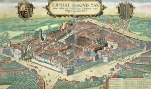 Mapa Lipska, z „Civitates Orbis Terrarum“ od Georga Brauna (1541-1622) a Franse Hogenberga (1535-90), kolem 1572 (barevná rytina)