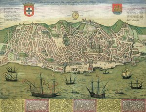 Mapa Lisabonu, z „Civitates Orbis Terrarum“ od Georga Brauna (1541-1622) a Franse Hogenberga (1535-90), kolem 1572