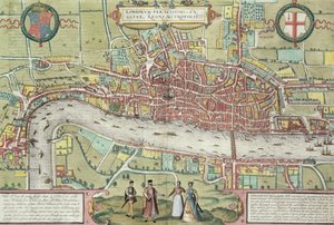 Mapa Londýna, z „Civitates Orbis Terrarum“ od Georga Brauna (1542-1622) a Franse Hogenburga (1635-90), kolem 1572 (viz také 51896 a 58543)