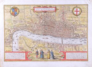 Mapa Londýna, z Civitates Orbis Terrarum, od Georga Brauna (1542-1622) a Franse Hogenburga (1635-90), kolem 1572 (viz také 51896 a 58543) od Joris Hoefnagel