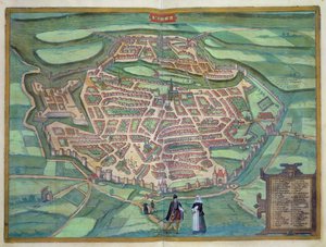 Mapa Metz, z „Civitates Orbis Terrarum“ od Georga Brauna (1541-1622) a Franse Hogenberga (1535-90), kolem 1572 (barevná rytina)