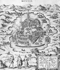 Mapa Mexika, ilustrace z „Civitates Orbis Terrarum“ od Georga Brauna (1541-1622) a Franse Hogenberga (1535-90) kolem 1572