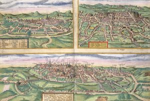 Mapa Montpellier, Tours a Poitiers, z „Civitates Orbis Terrarum“ od Georga Brauna (1541-1622) a Franse Hogenberga (1535-90), kolem 1572