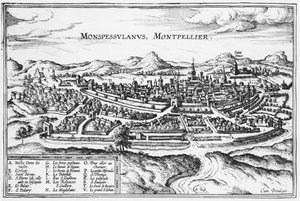 Mapa Montpellier z knihy "Civitates Orbis Terrarum" Georga Brauna (1541-1622) a Franse Hogenberga (1535-90) Brusel, 1574 (viz také 121038)