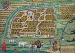 Mapa Moskvy, z „Civitates Orbis Terrarum“ od Georga Brauna (1541-1622) a Franse Hogenberga (1535-90), kolem 1572 (barevná rytina)