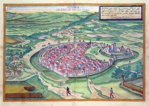 Mapa Novary, z „Civitates Orbis Terrarum“ od Georga Brauna (1541-1622) a Franse Hogenberga (1535-90) kolem 1572-1617
