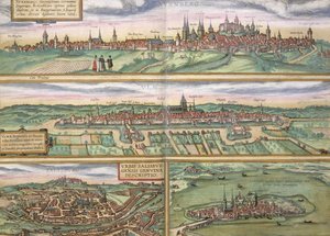 Mapa Norimberku, Ulmu a Saltzburgu z „Civitates Orbis Terrarum“ od Georga Brauna (1541-1622) a Franse Hogenberga (1535-90), kolem 1572 (barevná rytina)