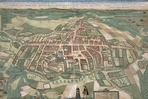 Mapa Odense, z „Civitates Orbis Terrarum“ od Georga Brauna (1541-1622) a Franse Hogenberga (1535-90) 1597
