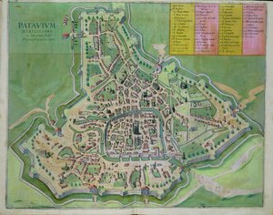 Mapa Padovy, z „Civitates Orbis Terrarum“ od Georga Brauna (1541-1622) a Franse Hogenberga (1535-90) kolem 1572-1617