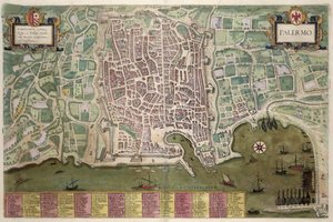 Mapa Palerma, z „Civitates Orbis Terrarum“ od Georga Brauna (1541-1622) a Franse Hogenberga (1535-90) kolem 1572-1617