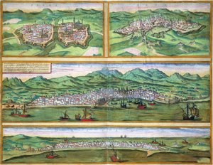 Mapa Parmy, Sieny, Palerma a Trapani z „Cities of the World“ od Georga Brauna (1541-1622) a Franse Hogenberga (1535-90), kolem 1572
