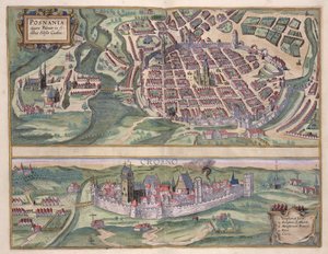 Mapa Poznaně a Gruczna z knihy "Civitates Orbis Terrarum" od Georga Brauna (1541-1622) a Franse Hogenberga (1535-90), asi 1572-1617.