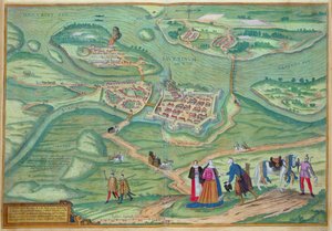 Mapa Raabu, z „Civitates Orbis Terrarum“ od Georga Brauna (1541-1622) a Franse Hogenberga (1535-90) 1597