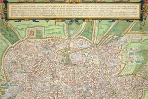 Mapa Říma z „Civitates Orbis Terrarum“ od Georga Brauna (1541-1622) a Franse Hogenberga (1535-90) kolem 1572-1617 (viz 138961)