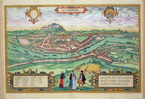 Mapa Salcburku z knihy "Civitates Orbis Terrarum" od Georga Brauna (1541-1622) a Franse Hogenberga (1535-90), asi 1572-1617.