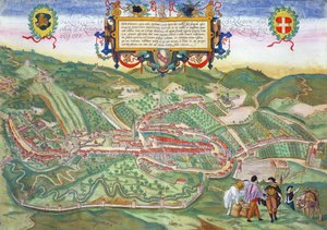 Mapa Serravalle, z „Civitates Orbis Terrarum“ od Georga Brauna (1541-1622) a Franse Hogenberga (1535-90) kolem 1572-1617