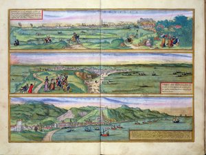 Mapa Sevilly, Cádizu a Malagy z „Civitates Orbis Terrarum“ od Georga Brauna (1541-1622) a Franse Hogenberga (1535-90), kolem 1572