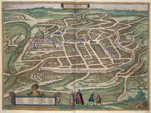 Mapa Vilniusu, Litva, z „Města světa“ od Georga Brauna (1541-1622) a Franse Hogenberga (1535-90) kolem 1572-1617