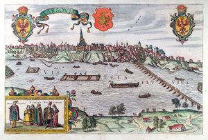Mapa Varšavy, z „Civitates Orbis Terrarum“ od Georga Brauna (1541-1622) a Franse Hogenberga (1535-90), 1599