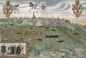 Mapa Varšavy, z „Civitates Orbis Terrarum“ od Georga Brauna (1541-1622) a Franse Hogenberga (1535-90) kolem 1572-1617