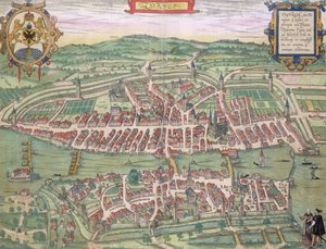 Mapa Curychu, z „Civitates Orbis Terrarum“ od Georga Brauna (1541-1622) a Franse Hogenberga (1535-90) kolem 1572-1617