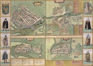 Mapy Galway, Dublinu, Limericku a Corku, z „Civitates Orbis Terrarum“ od Georga Brauna (1541-1622) a Franse Hogenberga (1535-90), kolem 1573