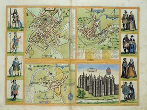 Mapy Yorku, Shrewsbury, Lancasteru a Richmondu, z „Civitates Orbis Terrarum“ od Georga Brauna (1541-1622) a Franse Hogenberga (1535-90) kolem 1572-1617