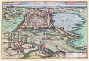 Maďarská pevnost Papa v době osmanského obležení, z „Le Theater du Monde“ od Georga Brauna (1541-1622) vydaného v Kolíně nad Rýnem 1572-1618, 1617 od Joris Hoefnagel