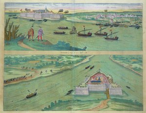 Dva pohledy na Comorru, z „Civitates Orbis Terrarum“ od Georga Brauna (1541-1622) a Franse Hogenburga (1535-90), kolem 1572 od Joris Hoefnagel