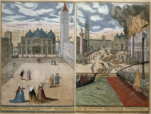 Pohled na San Marco a Palazzo Ducale v plamenech z „Civitates Orbis Terrarum“ od Georga Brauna (1541-1622) a Franse Hogenberga (1535-90) 1578 od Joris Hoefnagel