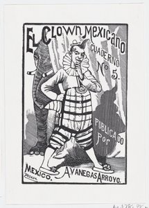 Klaun stojící s jednou rukou na boku a slon vykukující zezadu..., ca. 1880-1910. od José Guadalupe Posada