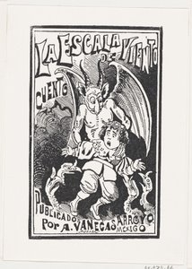 Démon držící mladého chlapce za ramena přes skupinu supů, ilustrace..., ca. 1880-1910. od José Guadalupe Posada