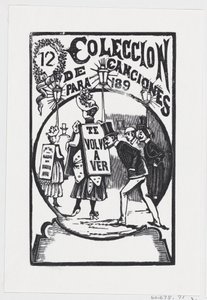 Muž se skláněl, aby se podíval na ženu s nápisem na zádech, ilustrace pro „..., ca. 1890. od José Guadalupe Posada