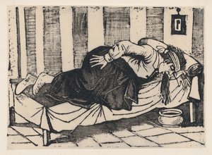 Muž naklánějící se přes okraj postele zvrací z široké strany s názvem „Smrt Aurelia..., 1892.