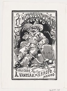 Muž se zbraněmi a dýmkou v ústech, po stranách dvě kostry, ilustrace..., ca. 1880-1910. od José Guadalupe Posada