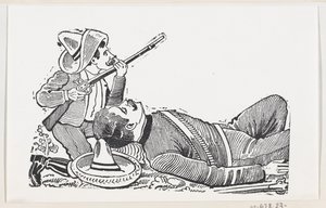Revolucionář držící pušku a klečící na ochranu padlého revolucionáře, c..., ca. 1880-1910. od José Guadalupe Posada