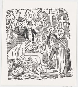 Kostra přikrytá prostěradlem plačící na hřbitově, z široké strany s názvem „..., ca. 1880-1910. od José Guadalupe Posada