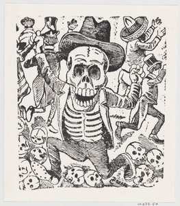 Kostra drží kost a skáče přes hromadu lebek, zatímco lidé prchají, fr..., ca. 1907. od José Guadalupe Posada
