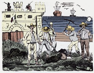 Mexická revoluce (1910-1920): Skupiny vězňů při nucené práci - Xylografie od Jose Guadalupe Posada (1852-1913) od José Guadalupe Posada