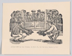 Dva muži v aréně drží kohouty při přípravě na boj, spec..., asi 1890-1910 přetištěno 1964. od José Guadalupe Posada