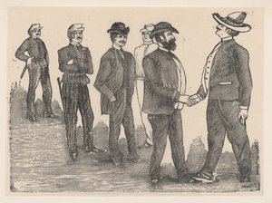 Dva muži si potřásají rukama v popředí a důstojníci je sledují v pozadí..., ca. 1880-1910. od José Guadalupe Posada