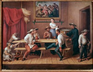 pulqueria Taverne v Jižní Americe, stolní hosté pijí pulque (tradiční mezoamerický alkoholický nápoj) (Veřejný dům s pulque pijáky) Obraz Augustina Arriete (19. století) Mexico City, historické národní muzeum, Chateau Chapultepec