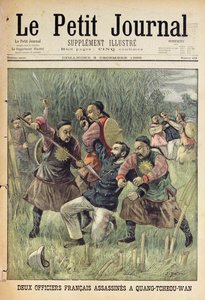 Dva francouzští důstojníci zavražděni v Quang-Tcheou-Wan Číňany, titulní strana z „Le Petit Journal“, 3. prosince 1899 (barevná rytina)
