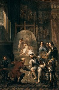 ""Císař Karel V. (1500-1558) zvedl štětec malíře Tiziana Vecellia řekl Tizian (1485-1576), malíř na dvoře císaře"" Obraz Jose Felipe Parra (1824-1864) Valencie 19. století, Museo de Bellas Artes San Pio V od Jose Felipe Parra